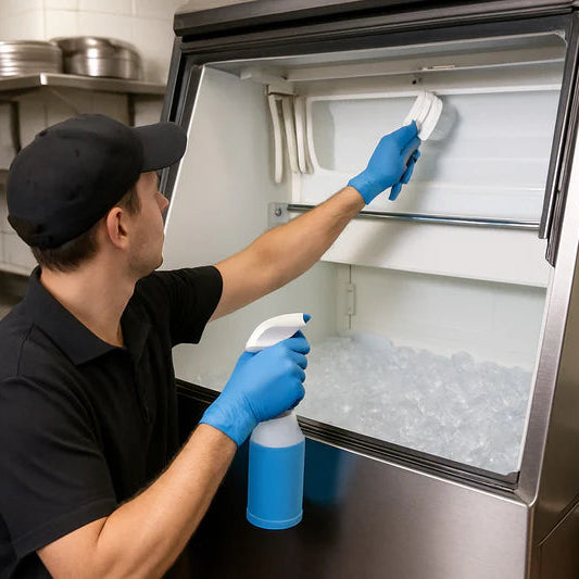 Person cleaning the inside of an ice machine with a spray bottle and brush.